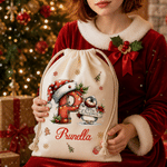Personalized Merry Christmas Santa Claus Snowflake Large Canvas Drawstring Gift Bag with Name and Initial Christmas Gift for Kids 3