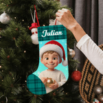 Calcetín navideño personalizado con foto de dibujos animados, gorro de Papá Noel a cuadros y nombre; decoración para el hogar; regalo de Navidad para niños y la familia 6