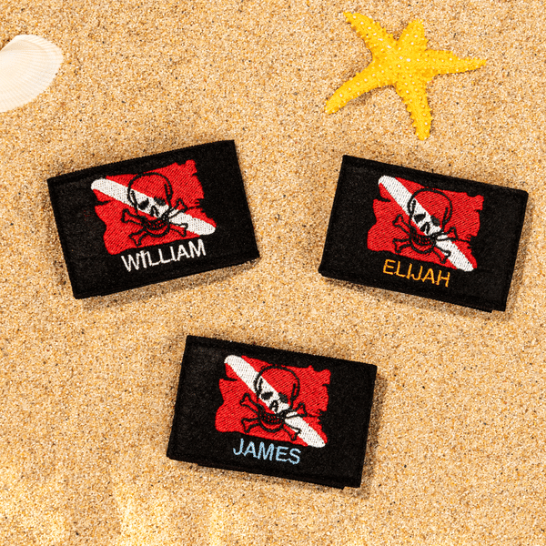 Personalised Skull Dive Flag Embroidered BCD Tag with Name Birthday Gift for Scuba Divers Dive Instructors