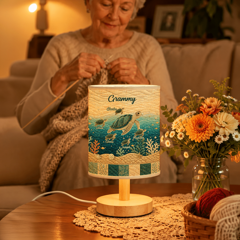 Personalised Sea Turtle Ocean Quilt Style Linen Table Lamp with Name and Title Home Decor Christmas Birthday Gift for Grandma Mum Family 5