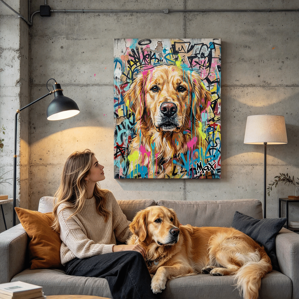 Láminas personalizadas en lienzo con fotos de mascotas y grafitis urbanos, con nombre incluido. Decoración para el hogar. Regalo ideal para fiestas de mascotas, cumpleaños o inauguraciones de casa, para los dueños de mascotas. 3