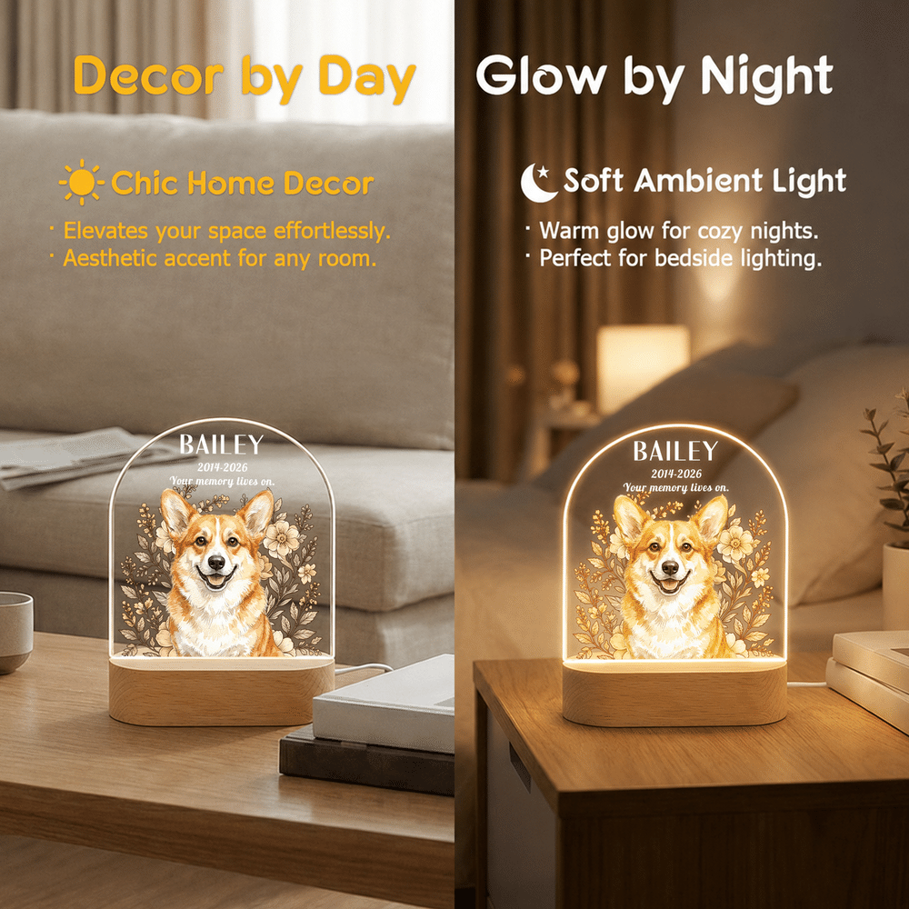 Lampada da notte LED personalizzata in acrilico con foto del proprio animale domestico dipinta ad acquerello e motivo floreale, con nome e anno, base in legno: regalo commemorativo per la perdita di un animale domestico, in segno di cordoglio, per i proprietari di animali domestici 9