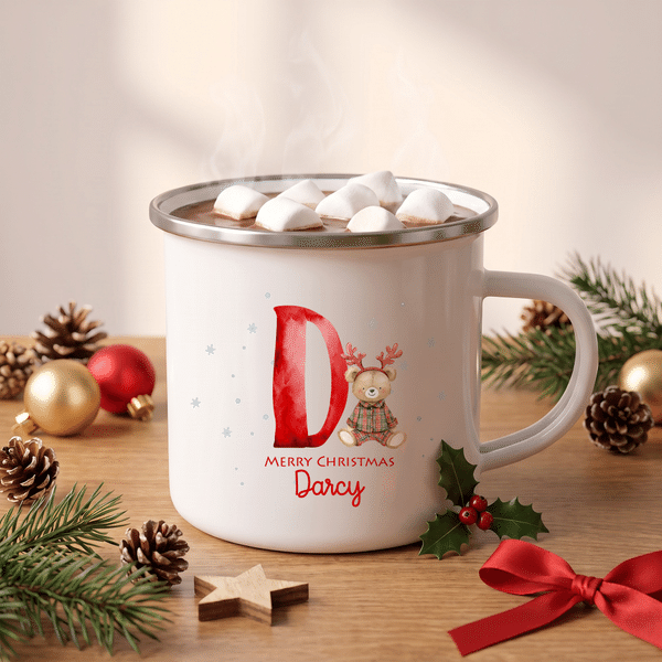 Personalized Christmas Bear Pattern 12 oz Enamel Mug with Name and Initial Daily Use Christmas Party Gift for Kids Boys Girls Toddlers