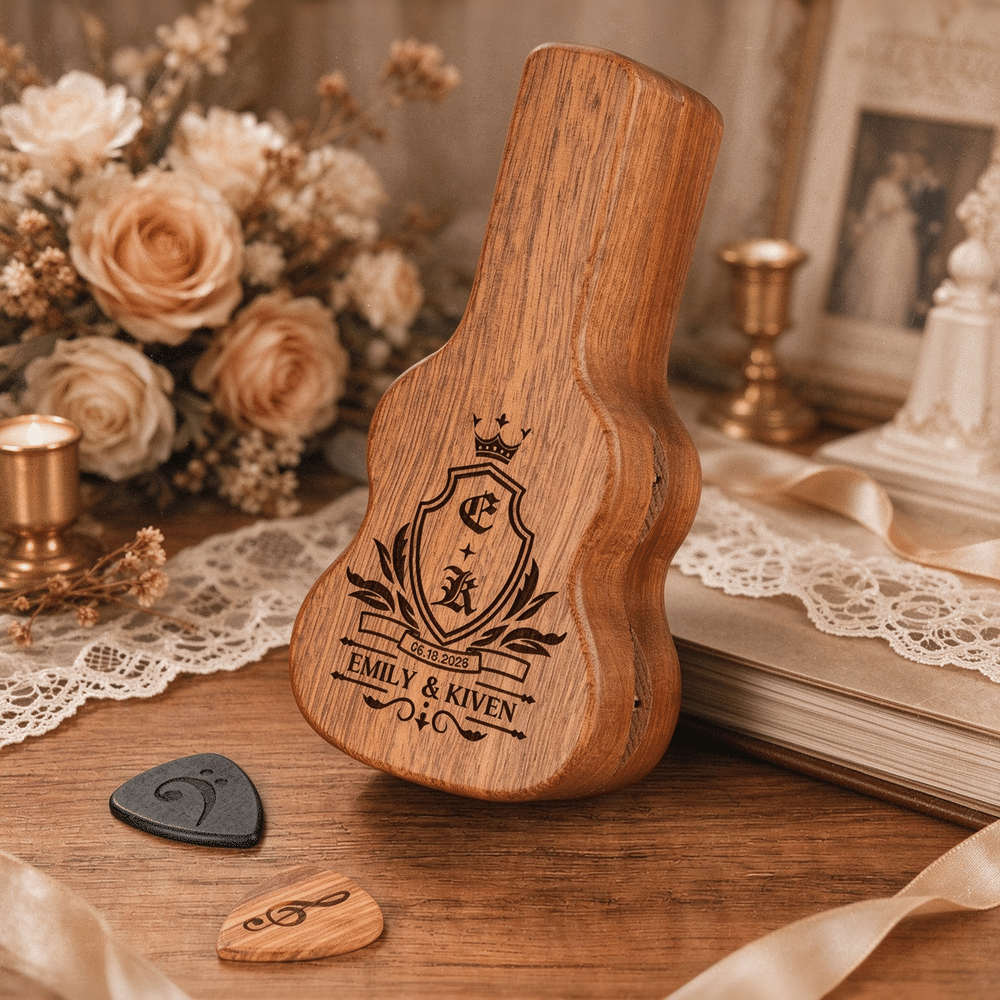Personalized Engraved Initial Pattern Wooden Guitar Pick Holder Case with Name Music Accessories Birthday Gift for Guitar Player 3