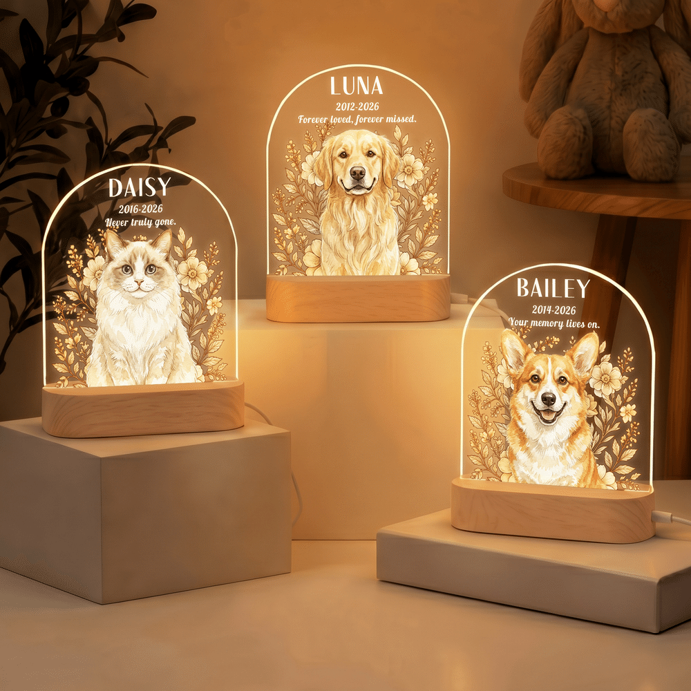 Lampada da notte LED personalizzata in acrilico con foto del proprio animale domestico dipinta ad acquerello e motivo floreale, con nome e anno, base in legno: regalo commemorativo per la perdita di un animale domestico, in segno di cordoglio, per i proprietari di animali domestici 5