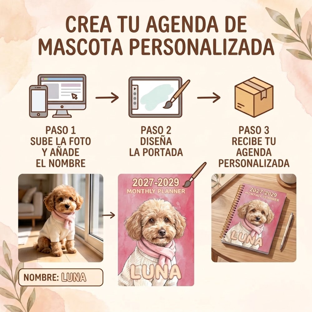 Agenda mensual 2027-2029 personalizada de espiral con foto de mascota y nombre, estilo acuarela - regalo de cumpleaños para amantes de mascotas 8