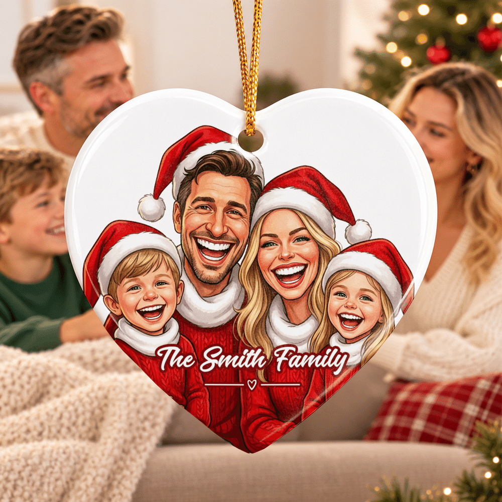 Personalised Exaggerated Western Comic Style Photo Heart Round Ceramic Ornament with Text Tree Decor Christmas Gift for Family 4