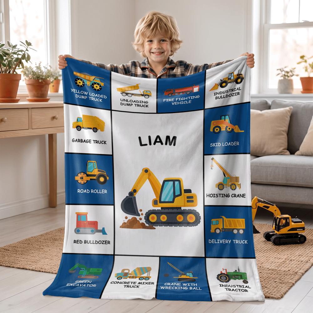 Personalised Cartoon Construction Vehicle Soft Throw Blanket with Name Birthday Christmas Gift for Kid Lorry Lover 2