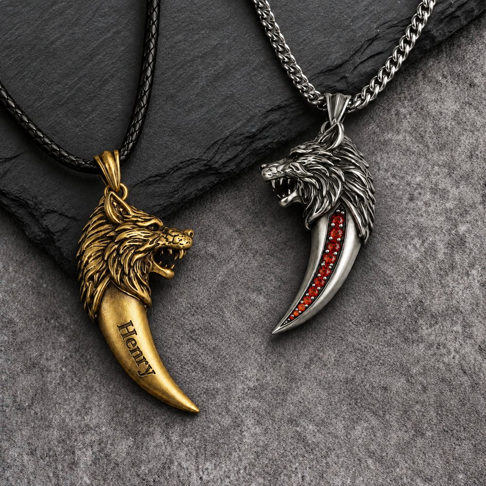 Personalized Lion Tiger Wild Animal Head Birthstone Teeth Antique Silver Necklace with Name Gothic Viking Totem Jewellery Birthday Gift for Men 5