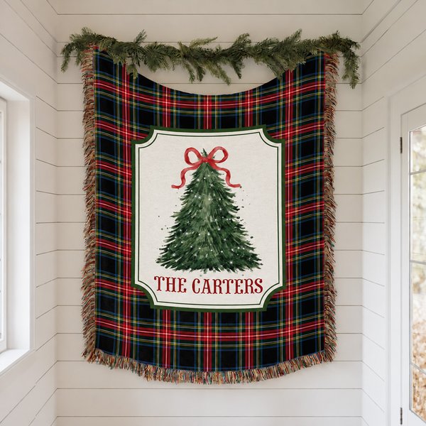 Personalized Watercolor Christmas Tree Buffalo Plaid Fleece Blanket with Tassels and Family Surname Soft Home Decor Christmas Gift for Family Friends