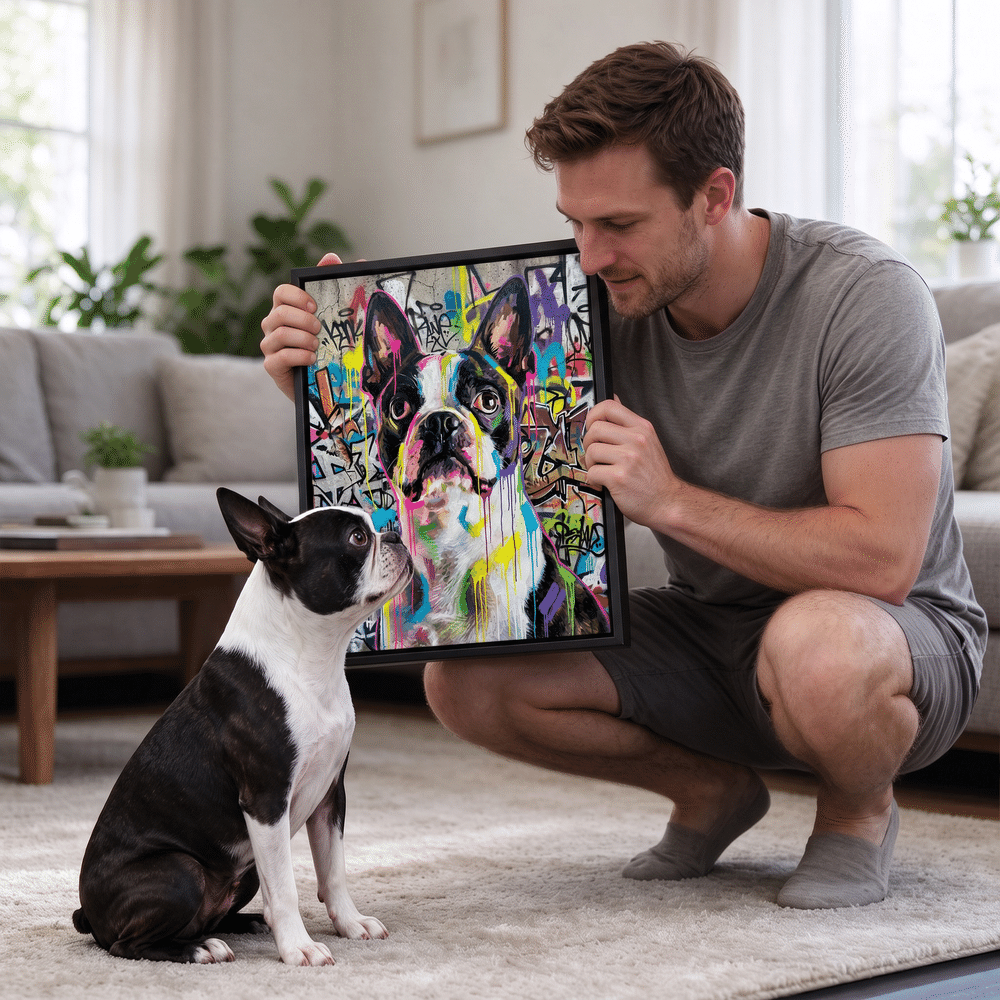 Láminas personalizadas en lienzo con fotos de mascotas y grafitis urbanos, con nombre incluido. Decoración para el hogar. Regalo ideal para fiestas de mascotas, cumpleaños o inauguraciones de casa, para los dueños de mascotas. 2