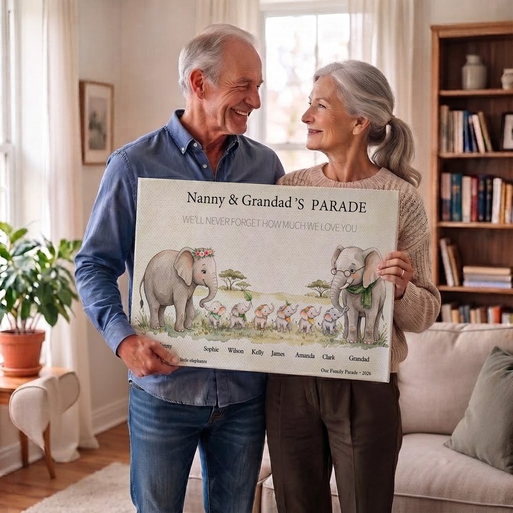 Personalised Cartoon Elephant Family Canvas Poster Framed Painting with 1-10 Names and Year Wall Decor Mother's Day Christmas Gift for Grandparents 5