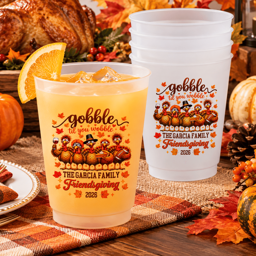Personalised Turkey Pumpkin Maple Leaf 12 oz 16 oz Plastic Party Cups with Family Name and Year Thanksgiving Friendsgiving Gift for Family Friends 2