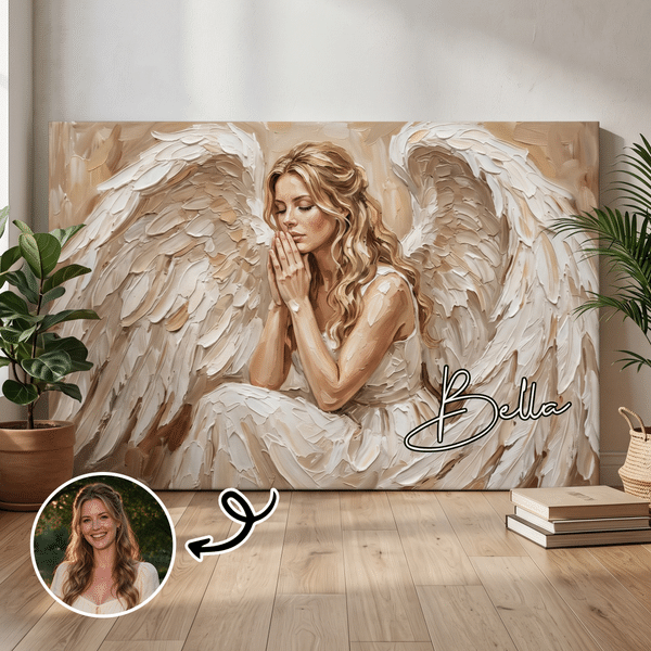 Láminas en lienzo personalizadas de un retrato de un ángel rezando, pintadas al óleo con técnica de impasto, con nombre incluido. Decoración para el hogar, regalo conmemorativo y de condolencia para familiares y amigos.