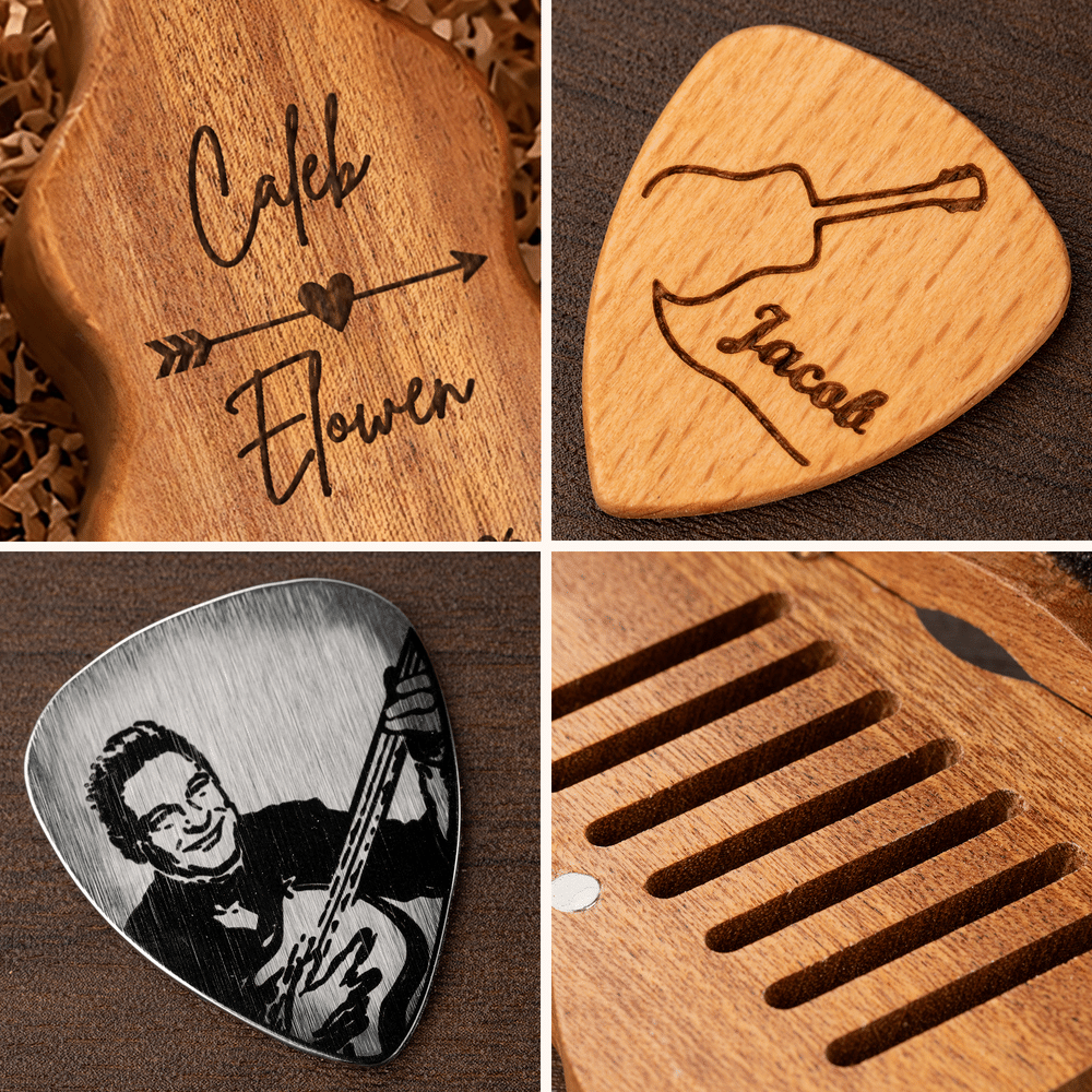 Personalized Engraved Initial Pattern Wooden Guitar Pick Holder Case with Name Music Accessories Birthday Gift for Guitar Player 9