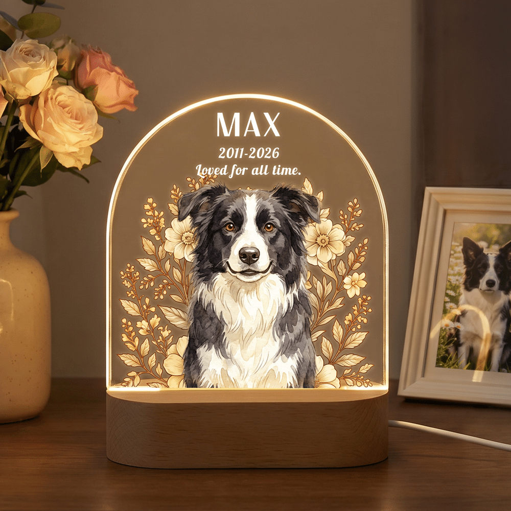 Lampada da notte LED personalizzata in acrilico con foto del proprio animale domestico dipinta ad acquerello e motivo floreale, con nome e anno, base in legno: regalo commemorativo per la perdita di un animale domestico, in segno di cordoglio, per i proprietari di animali domestici 2