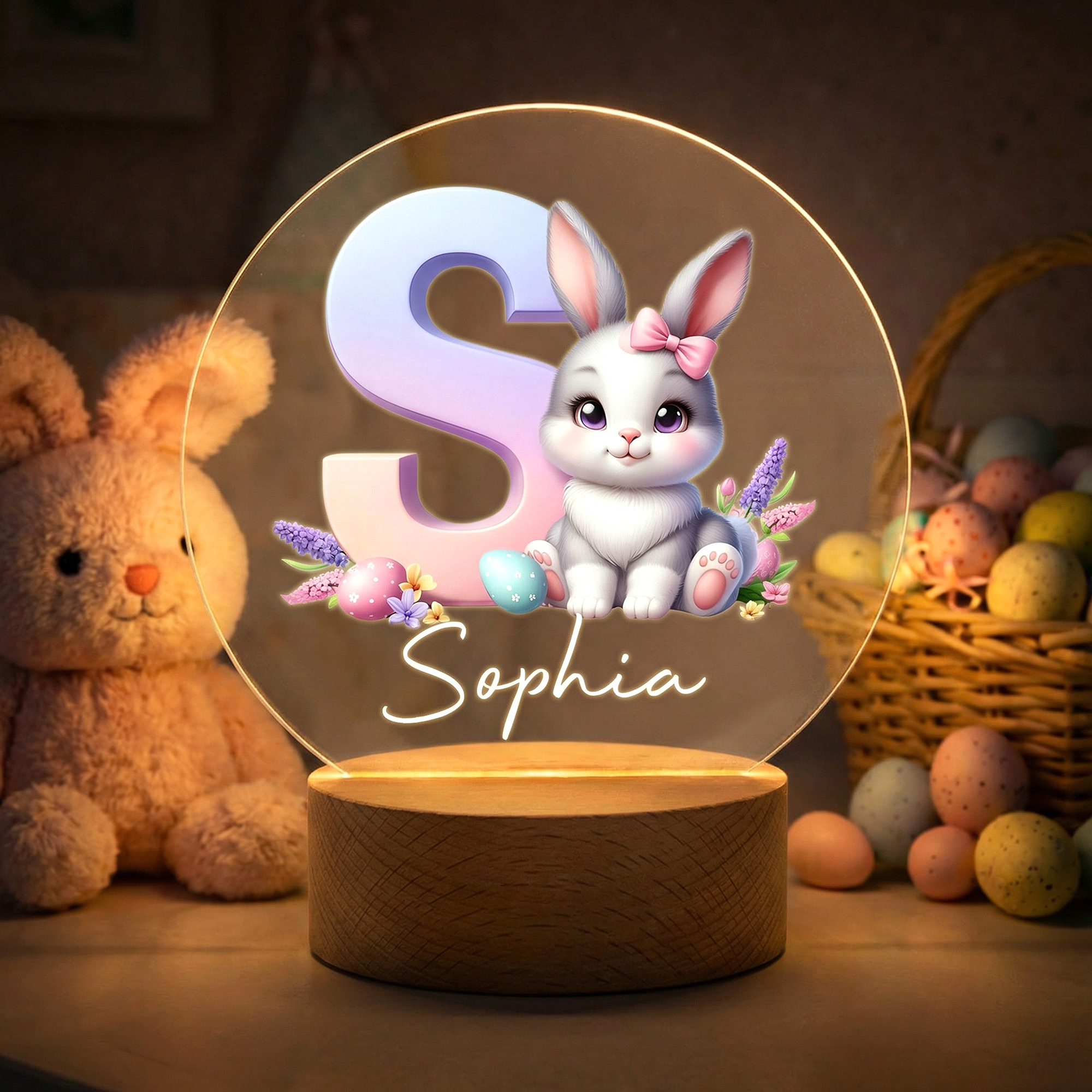 Personalisierte niedliche Wolke Kaninchen sieben Farben anfängliche LED-Nachtlicht mit Namen und hölzernen Sockel Raumdekoration Geburtstag Ostern Party Favor Geschenk für Kinder