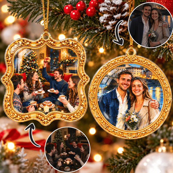 Personalized Vintage Border Oil Painting Style Photo Acrylic Ornament with Gold Thread Just Married Christmas Gift for Couple Family Wife Husband