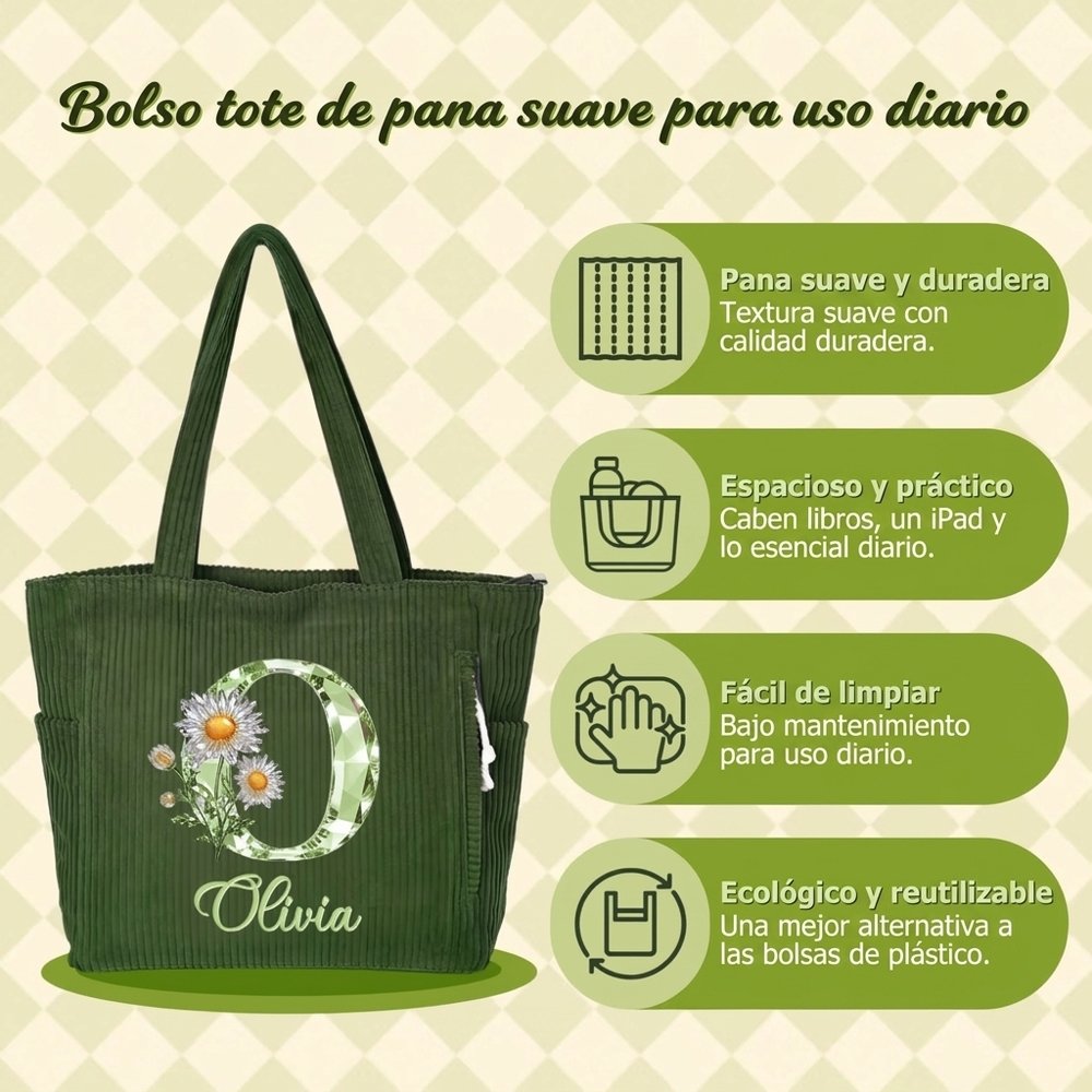 Bolso tote de pana personalizado con inicial y nombre, estilo diamante y gran capacidad - Regalo de cumpleaños para mujeres y niñas 8