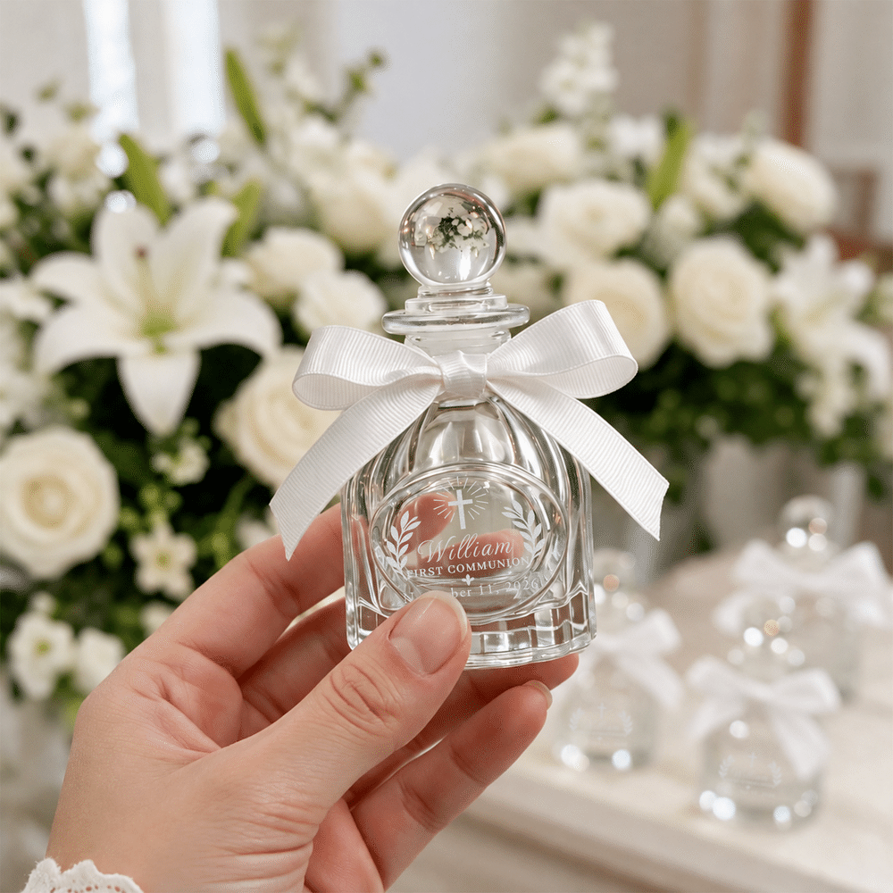 Personalized Cross Refillable Holy Water Glass Bottle with Name Date and White Bow Ribbon Baby Shower Baptism Gift for Newborn 5