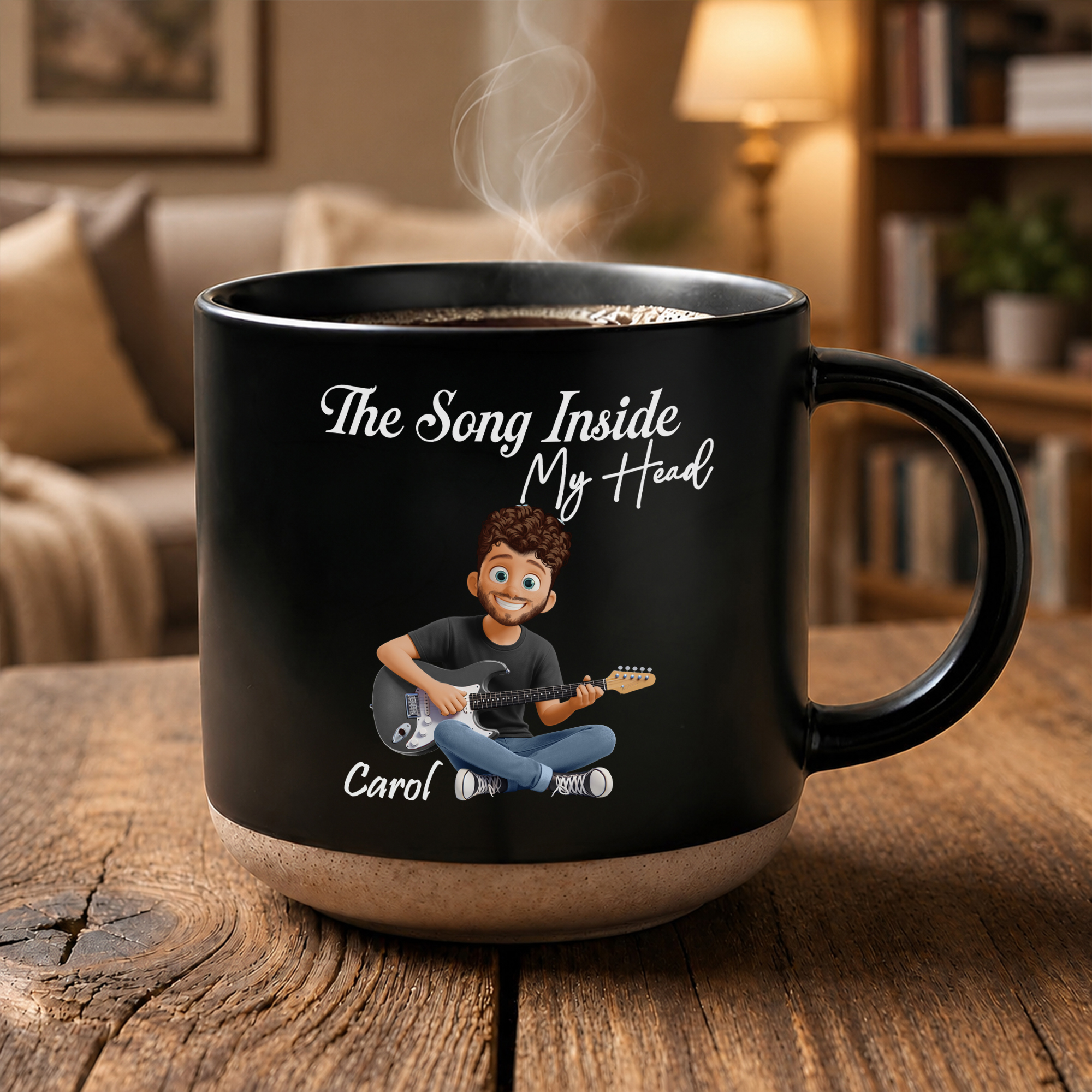 Personalisierte Keramiktasse (12 oz) mit Gitarren-Cartoon-Figur und dem Aufdruck „The Song Inside My Heart“, mit Namen und Titel – Alltagsgeschenk zum Geburtstag für Gitarrenliebhaber