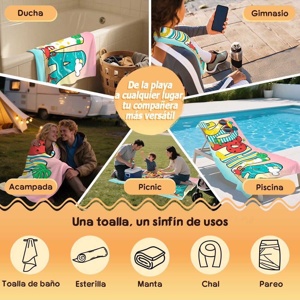 Toalla de playa absorbente personalizada con nombre y letras de garabatos coloridos regalo de vacaciones de verano y fiesta para mujeres y niñas 9