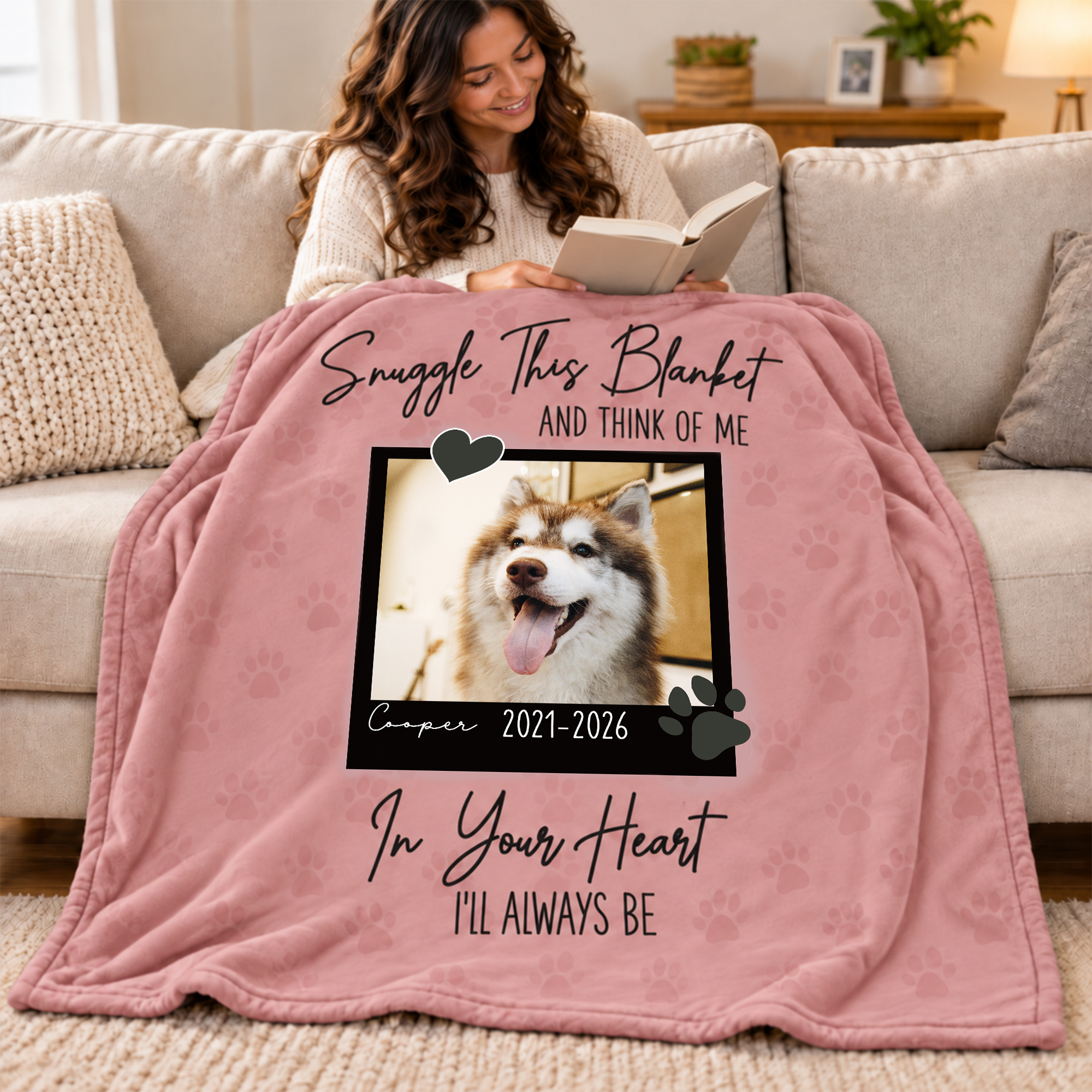 Personalized In Your Heart I'll Always Be Pet Photo Soft Throw Blanket with Name and Year Sympathy Memorial Gift for Pet Owners Dog Cat Lovers