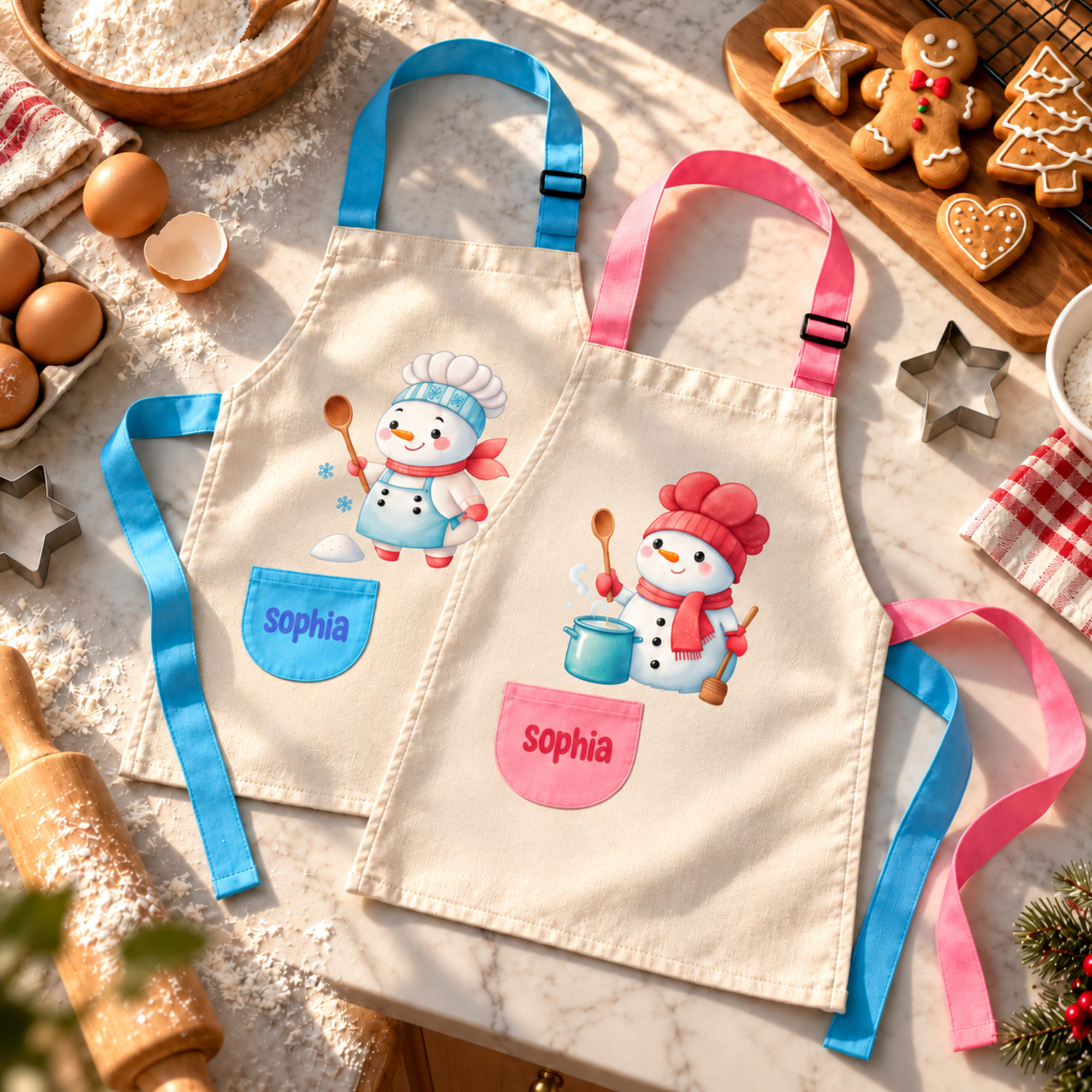 Personalized Cute Cartoon Snowman Adjustable Apron Chef Hat Storage Bag Set with Name Christmas Gift for Kid