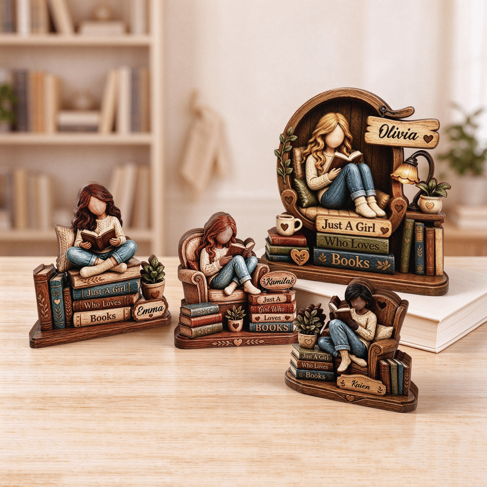 Personalised 3D-Effect Art Cartoon Reading Girl Layered Wooden Decoration with Name Desk Decor Christmas Gift for Girl Book Lover 2