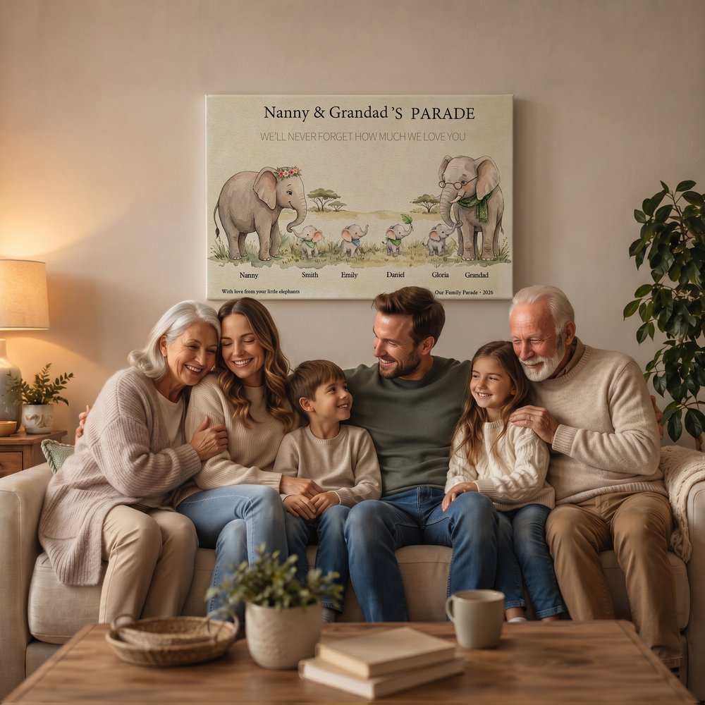 Personalised Cartoon Elephant Family Canvas Poster Framed Painting with 1-10 Names and Year Wall Decor Mother's Day Christmas Gift for Grandparents 6