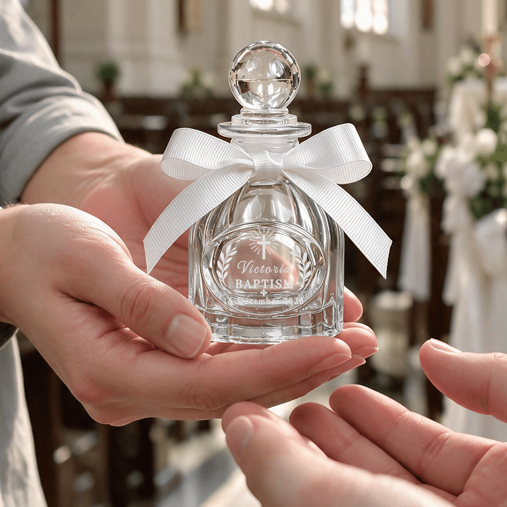 Personalized Cross Refillable Holy Water Glass Bottle with Name Date and White Bow Ribbon Baby Shower Baptism Gift for Newborn 2