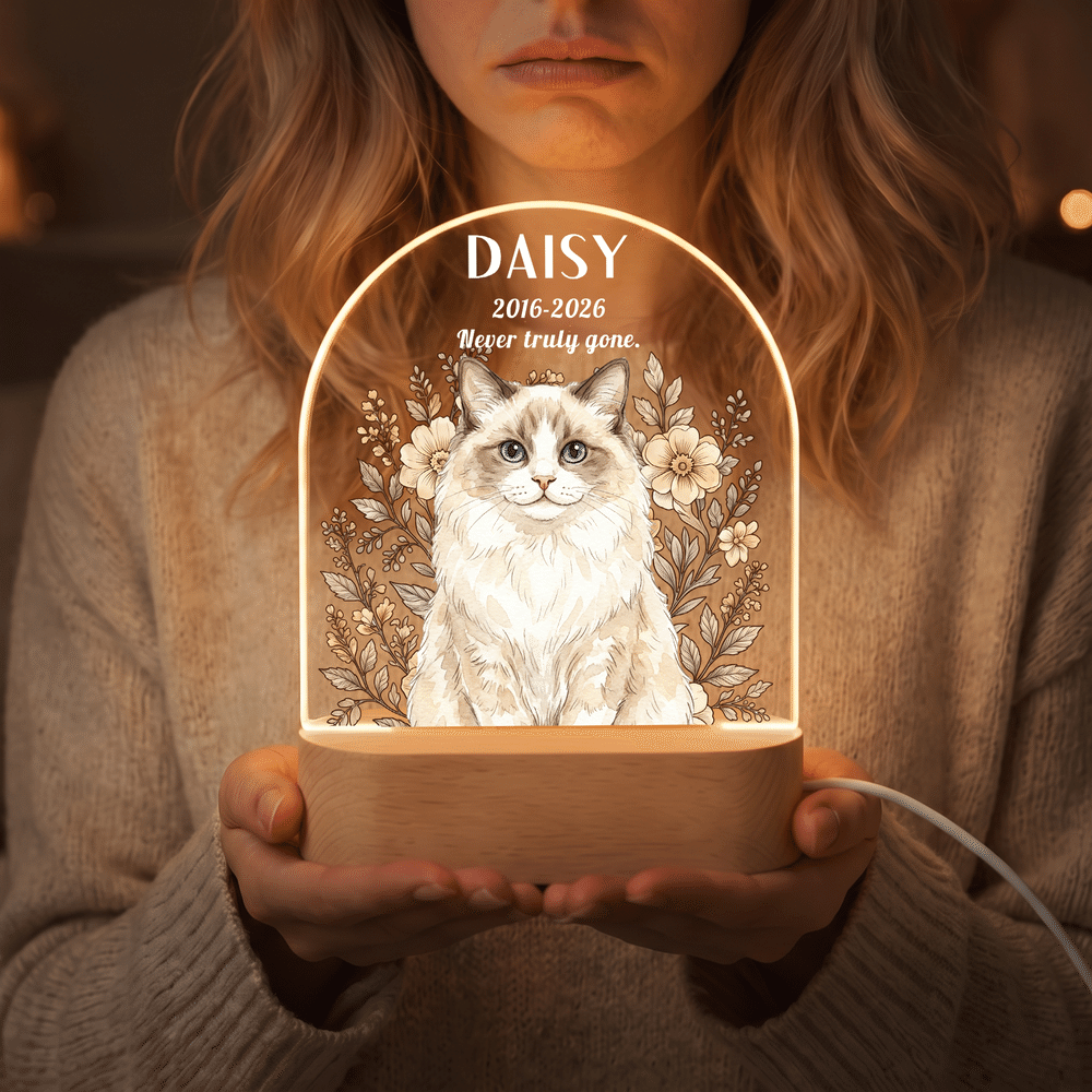 Lampada da notte LED personalizzata in acrilico con foto del proprio animale domestico dipinta ad acquerello e motivo floreale, con nome e anno, base in legno: regalo commemorativo per la perdita di un animale domestico, in segno di cordoglio, per i proprietari di animali domestici 3