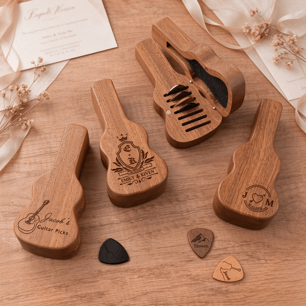 Personalized Engraved Initial Pattern Wooden Guitar Pick Holder Case with Name Music Accessories Birthday Gift for Guitar Player 2