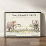 Personalised Cartoon Elephant Family Canvas Poster Framed Painting with 1-10 Names and Year Wall Decor Mother's Day Christmas Gift for Grandparents 1