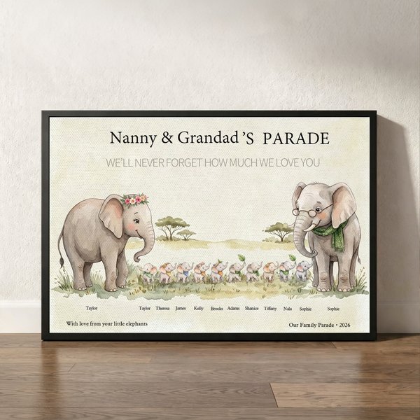 Personalised Cartoon Elephant Family Canvas Poster Framed Painting with 1-10 Names and Year Wall Decor Mother's Day Christmas Gift for Grandparents