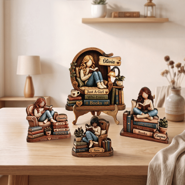 Personalised 3D-Effect Art Cartoon Reading Girl Layered Wooden Decoration with Name Desk Decor Christmas Gift for Girl Book Lover