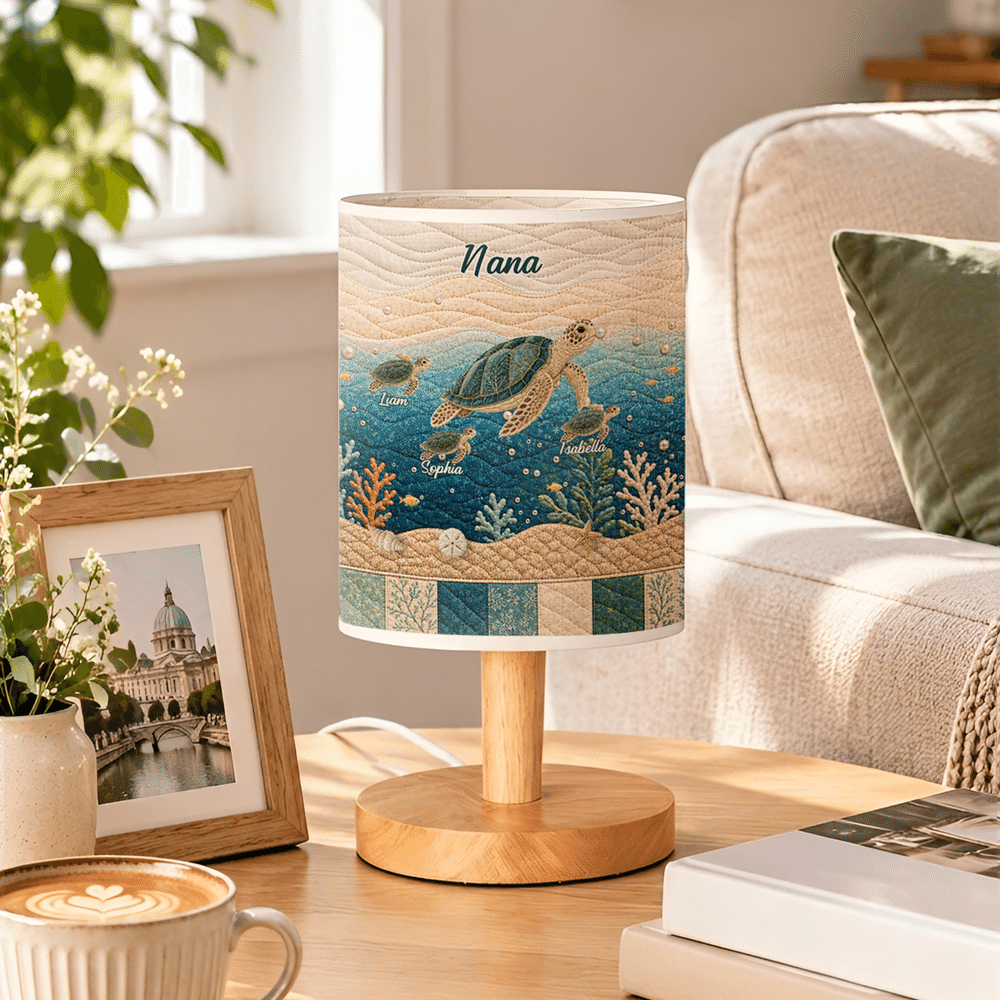 Personalised Sea Turtle Ocean Quilt Style Linen Table Lamp with Name and Title Home Decor Christmas Birthday Gift for Grandma Mum Family 2
