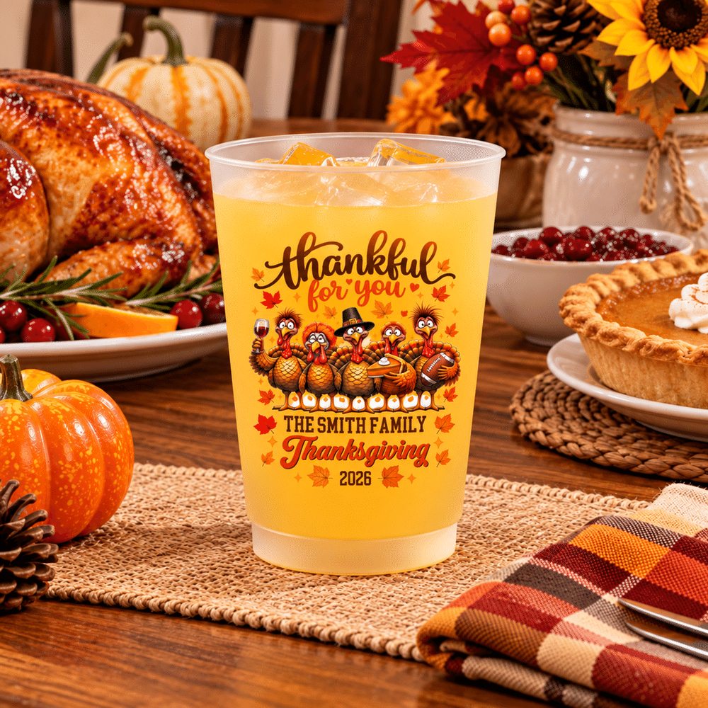 Personalised Turkey Pumpkin Maple Leaf 12 oz 16 oz Plastic Party Cups with Family Name and Year Thanksgiving Friendsgiving Gift for Family Friends 4