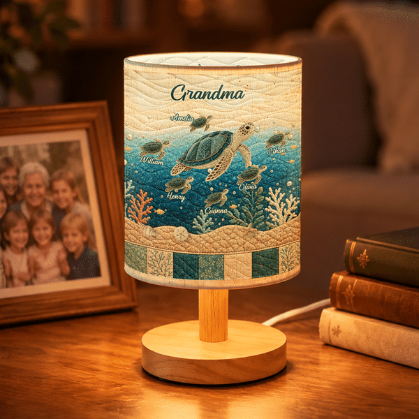 Personalised Sea Turtle Ocean Quilt Style Linen Table Lamp with Name and Title Home Decor Christmas Birthday Gift for Grandma Mum Family