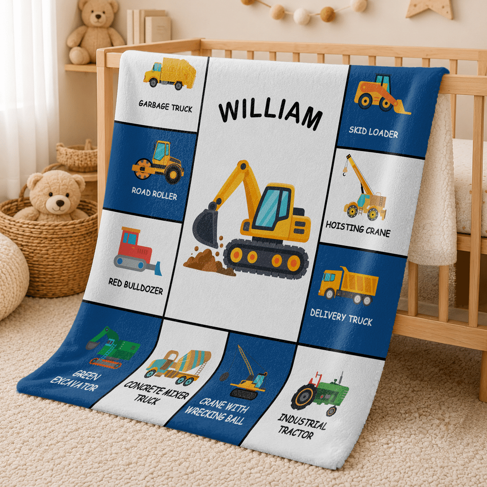 Personalised Cartoon Construction Vehicle Soft Throw Blanket with Name Birthday Christmas Gift for Kid Lorry Lover 6