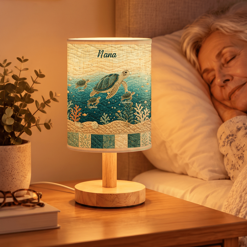 Personalised Sea Turtle Ocean Quilt Style Linen Table Lamp with Name and Title Home Decor Christmas Birthday Gift for Grandma Mum Family 6