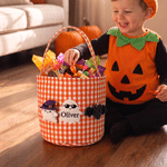 Personalized Cute Ghost Gingham Reusable Candy Basket with Name Halloween Trick or Treat Activity Gift for Kids Boys Girls