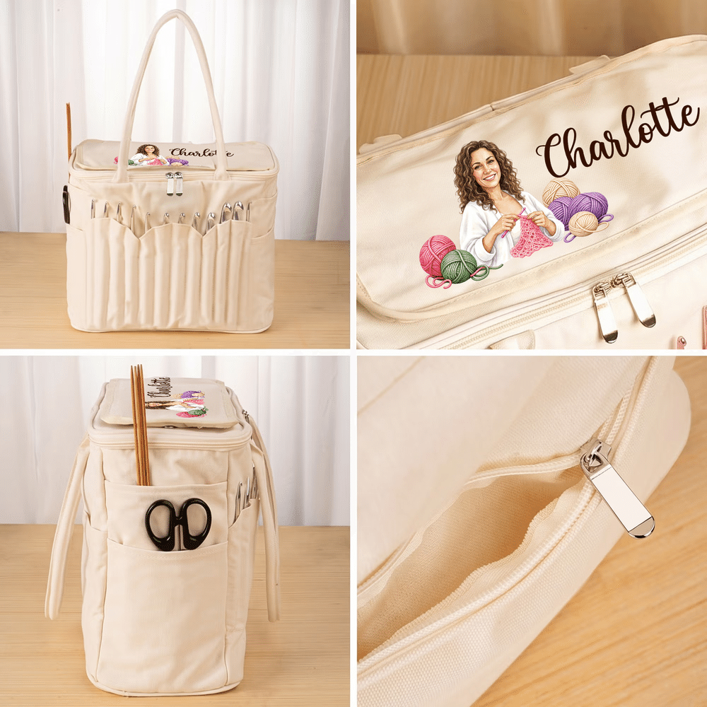Personalized Photo to Hand Drawn Style Portrait Crochet Knitting Canvas Yarn Needle Storage Bag with Name Birthday Sewing Gift for Craft Lovers 8