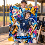 Personalized Graffiti Oil Painting Style Photo Soft Throw Blanket with Name and Number Baseball Club Birthday Gift for Baseball Player