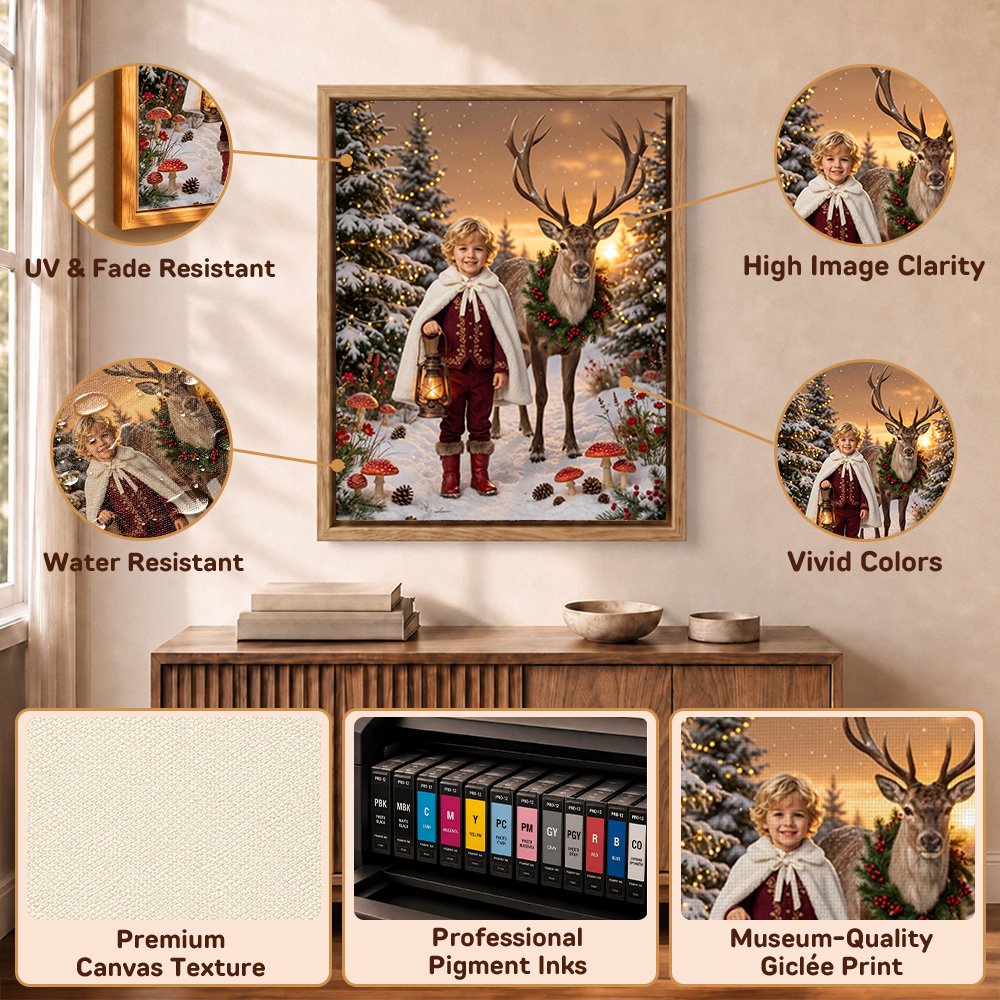 Stampe su tela personalizzate con foto di renne nella foresta di pini innevati – Decorazioni da parete per la casa – Regalo di Natale o di compleanno per familiari e amici 9