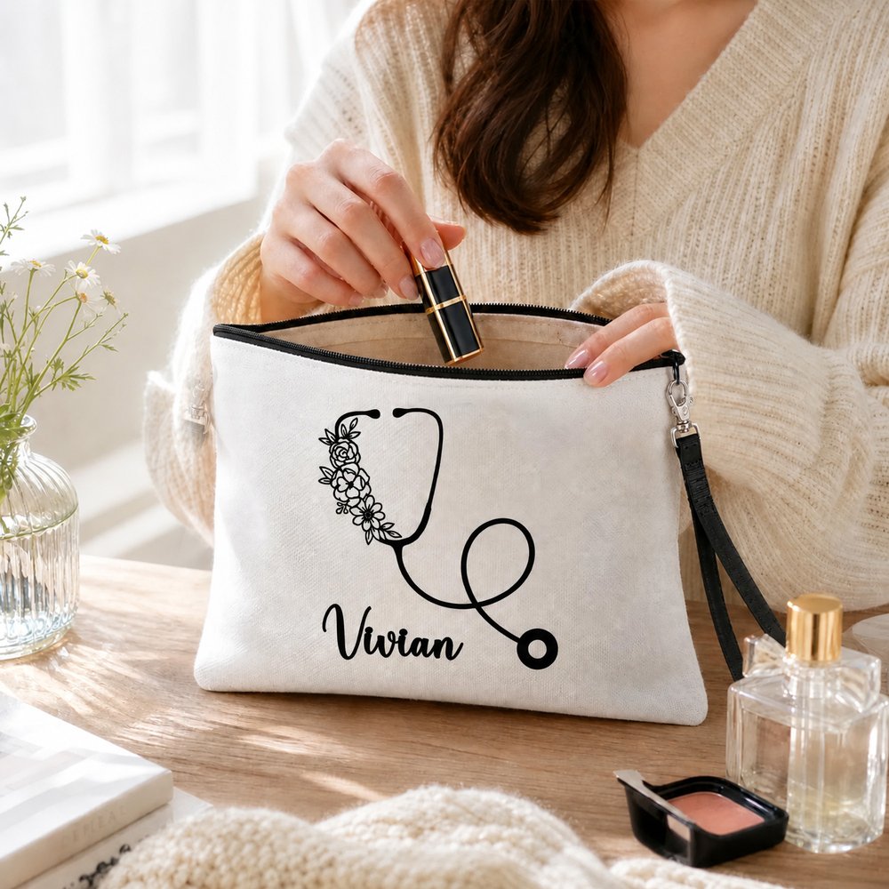 Personalised Floral Stethoscope Pattern Makeup Bag Tote Bag Set with Name Daily Use Birthday Nurse Day Gift for Nurses Healthcare Workers 7
