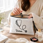 Personalised Floral Stethoscope Pattern Makeup Bag Tote Bag Set with Name Daily Use Birthday Nurse Day Gift for Nurses Healthcare Workers 7