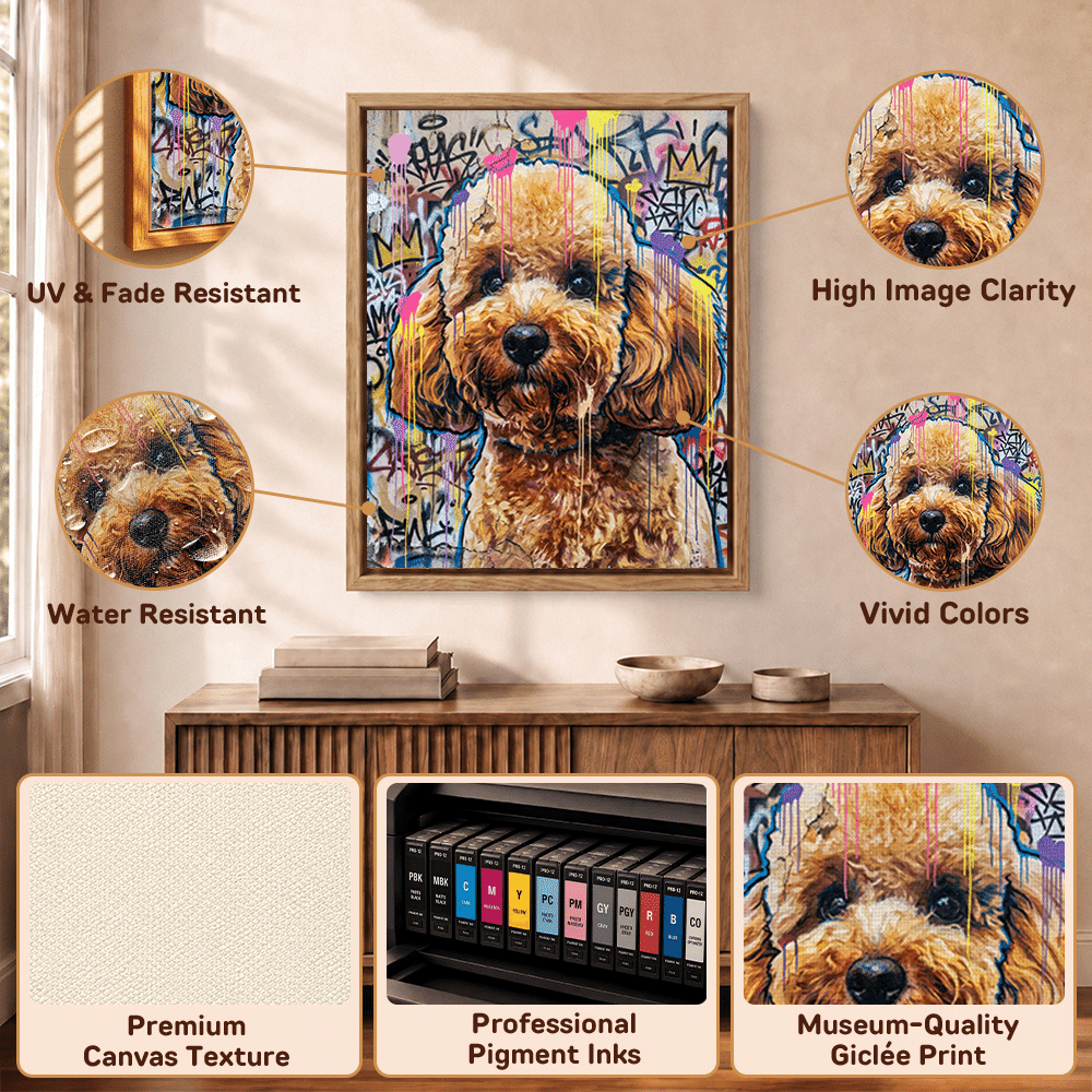 Láminas personalizadas en lienzo con fotos de mascotas y grafitis urbanos, con nombre incluido. Decoración para el hogar. Regalo ideal para fiestas de mascotas, cumpleaños o inauguraciones de casa, para los dueños de mascotas. 9