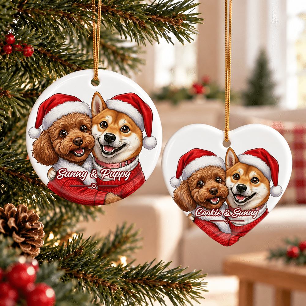 Personalised Exaggerated Western Comic Style Photo Heart Round Ceramic Ornament with Text Tree Decor Christmas Gift for Family 3
