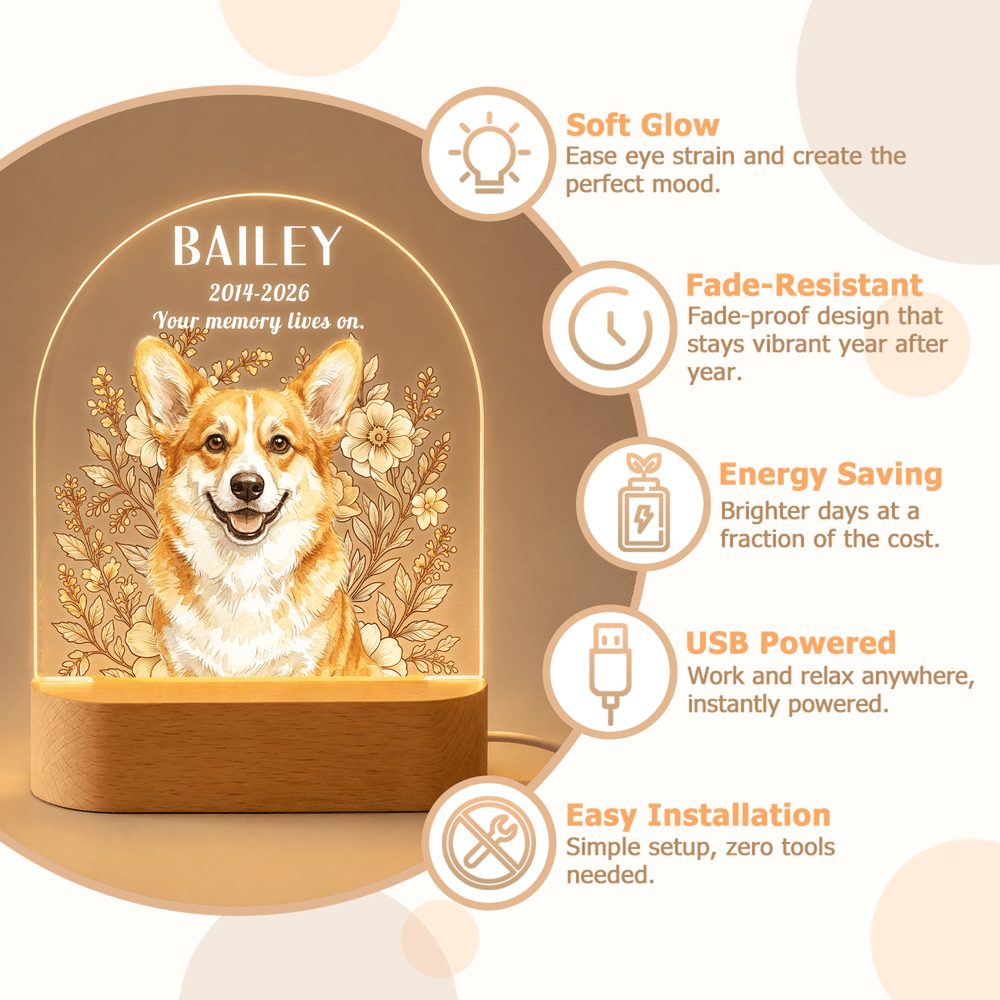 Lampada da notte LED personalizzata in acrilico con foto del proprio animale domestico dipinta ad acquerello e motivo floreale, con nome e anno, base in legno: regalo commemorativo per la perdita di un animale domestico, in segno di cordoglio, per i proprietari di animali domestici 10